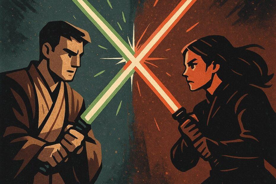 Annuncio per un'apericena a tema Star Wars ("Apericena Stellare") sabato 14 giugno a San Casciano. Include scuola di spada laser per bambini, apericena e coreografia con scontro Jedi vs Sith. Richiesta la prenotazione telefonica.